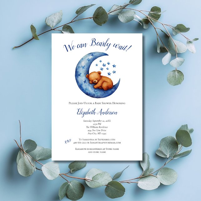 Pojke Blue Bear Måne Barly Wait Baby Shower Inbjudningar (Baby Boy Baby Shower invitation, We Can Bearly Wait, Baby Bear in Blue Moon with Stars)