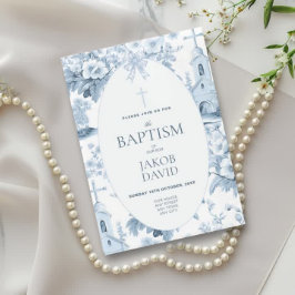 Pojke Blue Blommigt Toile Baptism Inbjudningar