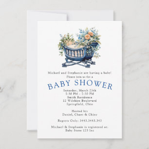 Pojke Blue Crib Blommigt Shower Inbjudningar
