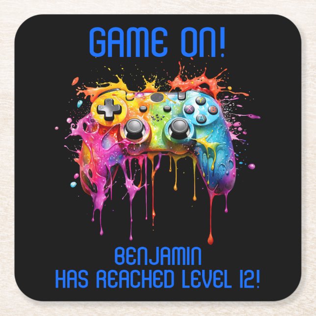 Pojke Blue Level Up Video Game Party Underlägg Papper Kvadrat (Framsidan)