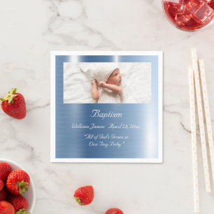 pojke Blue Metallic Photo Typography Baptism Pappersservett