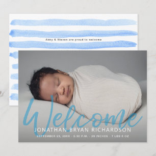 Pojke Blue One Photo Welcome Birth Notice Inbjudningar