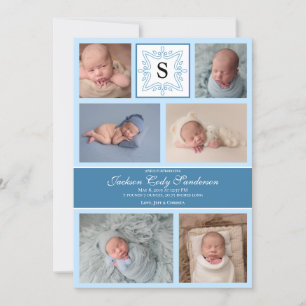 Pojke Blue Photo Birement Announcement Monogram Meddelande