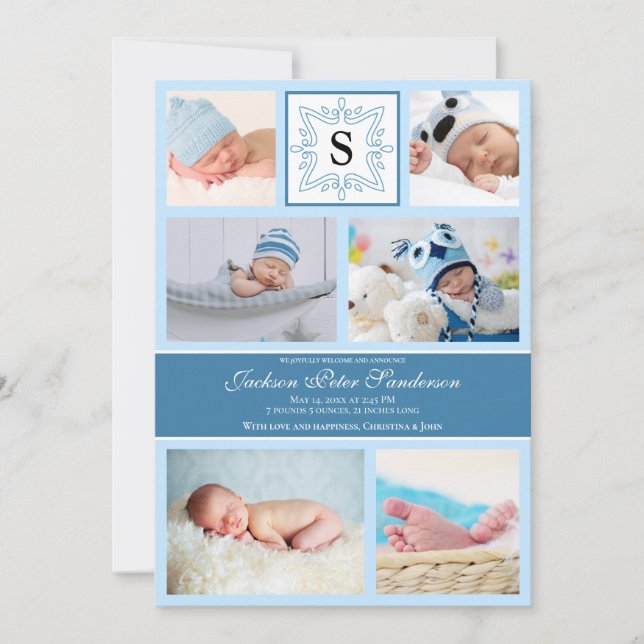 Pojke Blue Photo Birement Announcement Monogram Meddelande (Framsida)