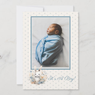Pojke Blue Rabbit and Flowers Baby Birth Meddelande