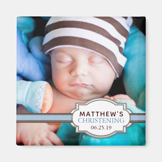 Pojke Blue Ribbon Christening Photo Magnet (Framsidan)