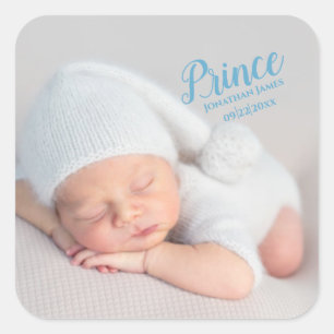 Pojke Blue Script Photo Birth Keepsak Fyrkantigt Klistermärke