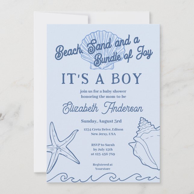 Pojke Blue Summer Baby Shower Beach Inbjudningar (Framsida)