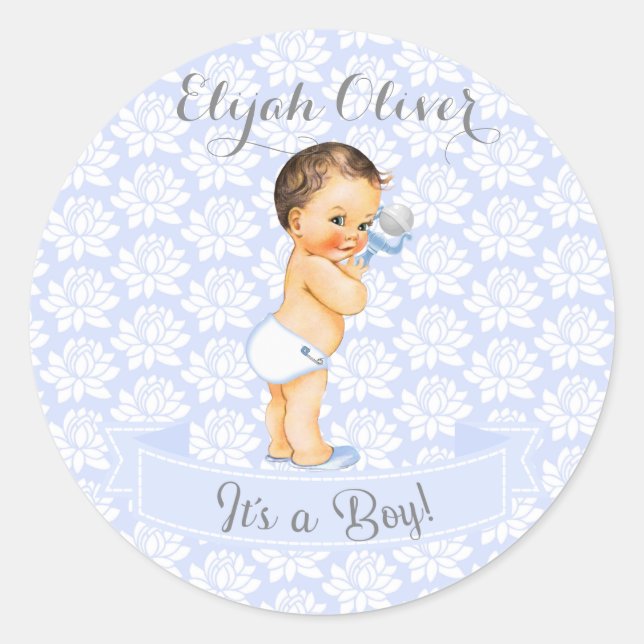 Pojke Blue White & Grått Runt Klistermärke (Framsida)