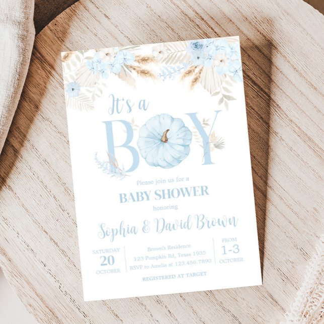 Pojke Boho Pumpa Bebis Shower Inbjudningar (Blue It's a Boy Boho Pumpkin Baby Shower Invitation)