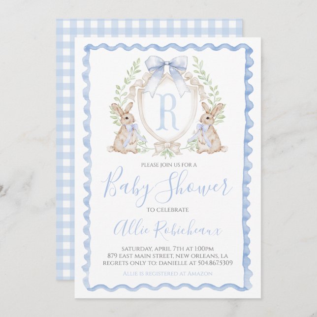 Pojke Bunny Rabbit Shower Preppy Blue Gingham Inbjudningar (Fram/baksida)