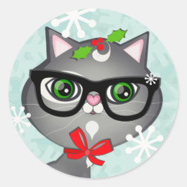 Pojke Cat Lover Första julstämman Runt Klistermärke