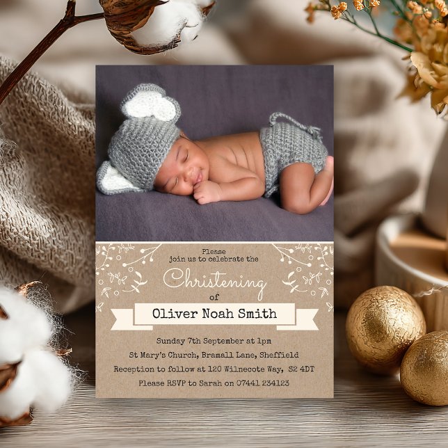 Pojke Christening/Baptism-inbjudan Inbjudningar (Sweet beginnings 💙 Celebrate your little one’s christening with this charming rustic invite.)