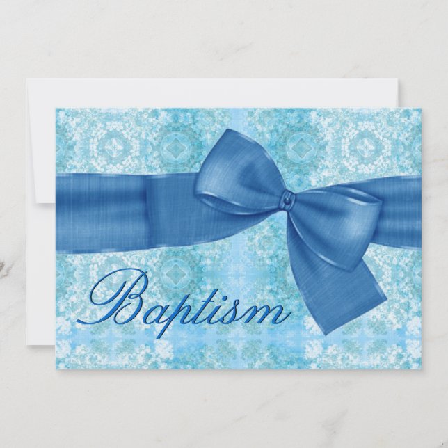 Pojke Christine Blue Damask Faux Bow Inbjudningar (Framsida)