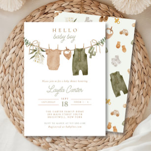 Pojke Clothesline Neutralt Sage Boho Baby Shower Inbjudningar