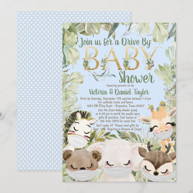 Pojke Covid Animals med maskgrey Baby Shower Inbjudningar (Fram/baksida)