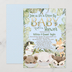 Pojke Covid Djur Med Masker Grönska Baby Shower Inbjudningar