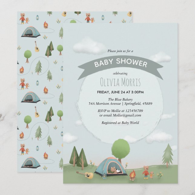 Pojke Cute Blue Camping Forest Bear Baby Shower Inbjudningar (Fram/baksida)