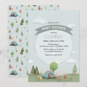 pojke Cute Blue Camping Forest Bear Baby Shower Inbjudningar