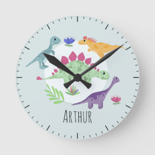 Pojke Cute Blue Dinosaur Kids Nursery Rund Klocka