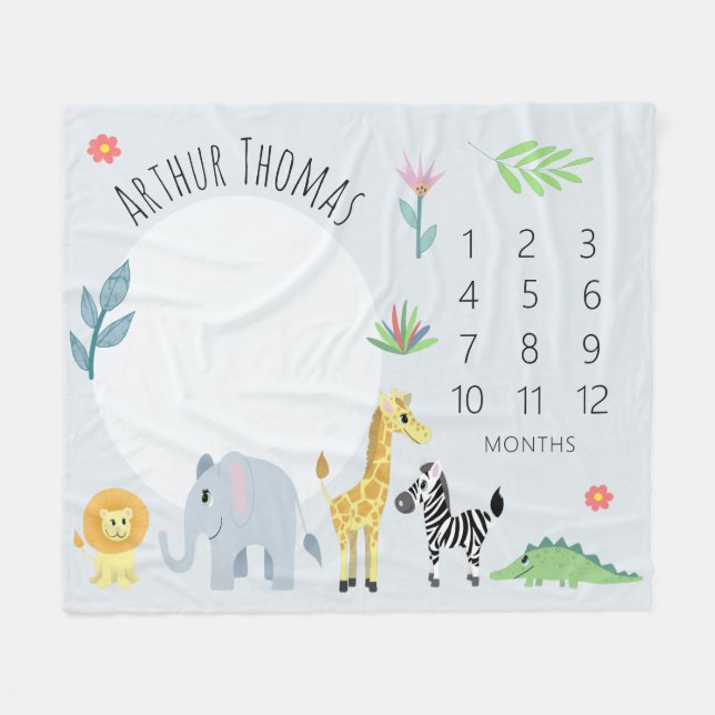 Pojke Cute Blue Jungle Safari Milestone Fleecefilt (Framsidan (Horisontell))