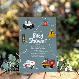 Pojke Cute Blue Transport Police Baby Shower Inbjudningar