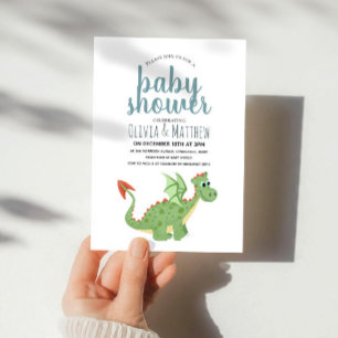 Pojke Cute och Modern Grönt Dragon Baby Shower Inbjudningar
