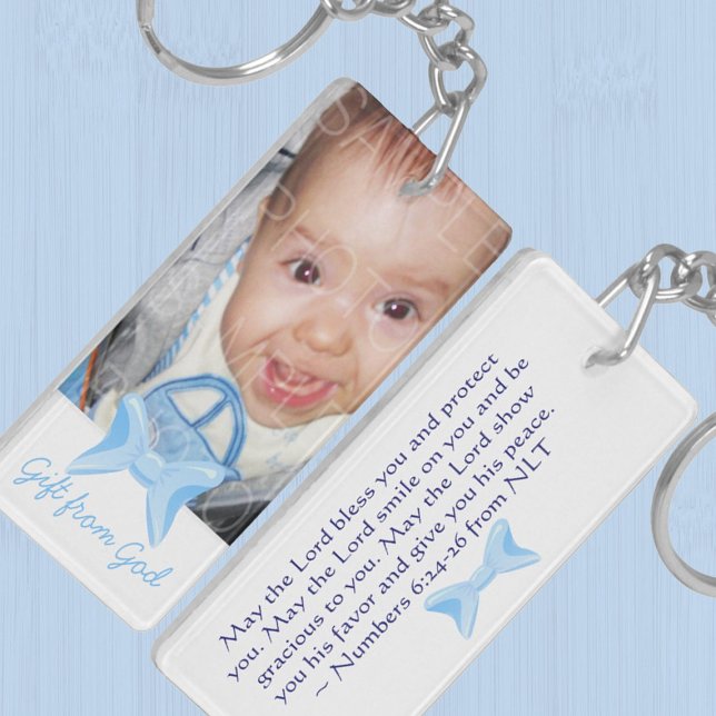 Pojke din fotogåva från gud Blue Bible (Baby boy Photo Gift from God Blue bow Bible verse Keychain by PLdesign, customize your image, text)