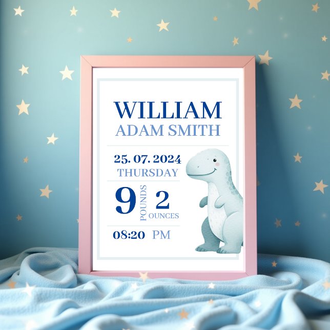 Pojke Dinosaur Personlig Birth Notice Poster (Baby Boy Cute Dinosaur Personalised Birth Announcement Poster )