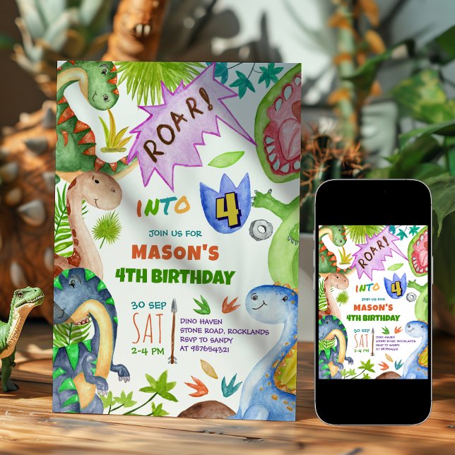  Pojke Dinosaurie 4-års inbjudan (Skapare uppladdad)