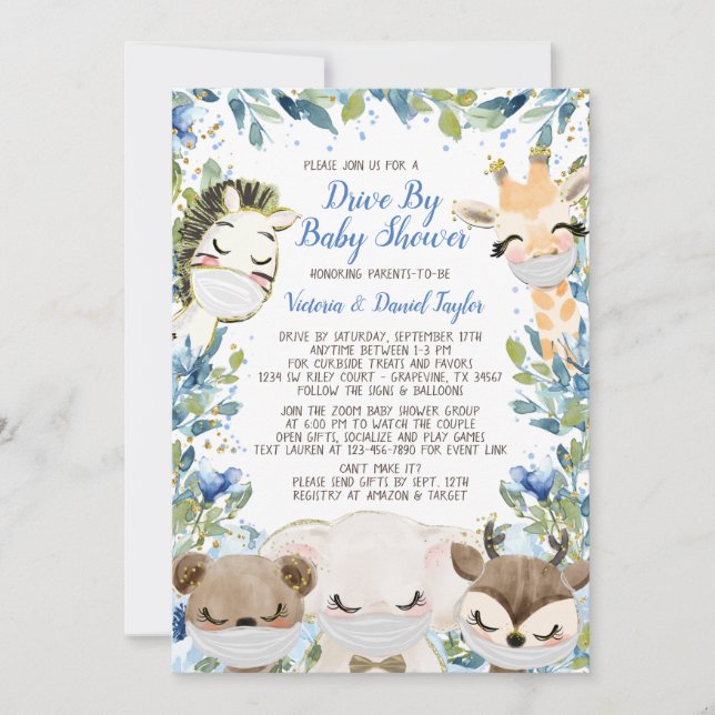 Pojke Djur Med Masker Drive By Baby Shower Inbjudningar (Framsida)