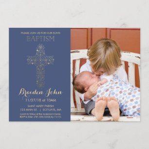Pojke dop, Christeninginbjudan, foto, guld Inbjudningar