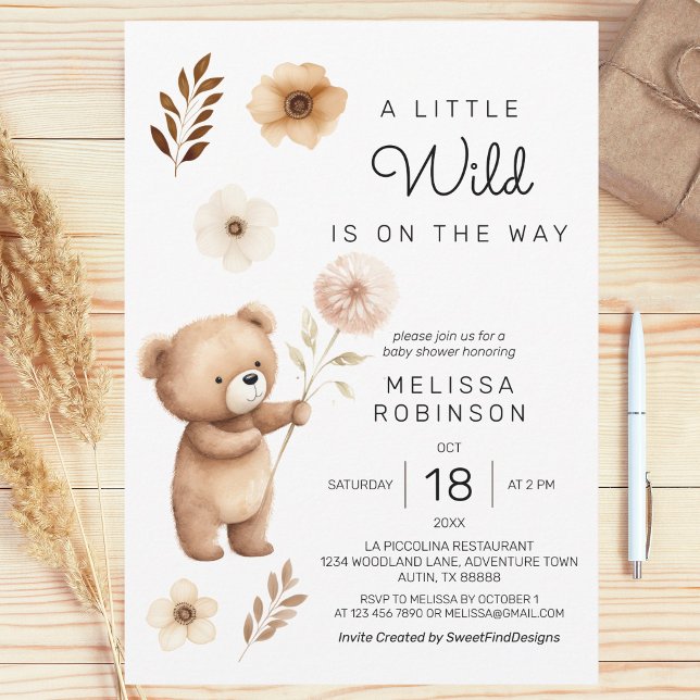 Pojke dusch för Vild Bear Boho Flowers Inbjudningar (Cute Wild Bear Boho Flowers Baby Boy Shower Invitation)