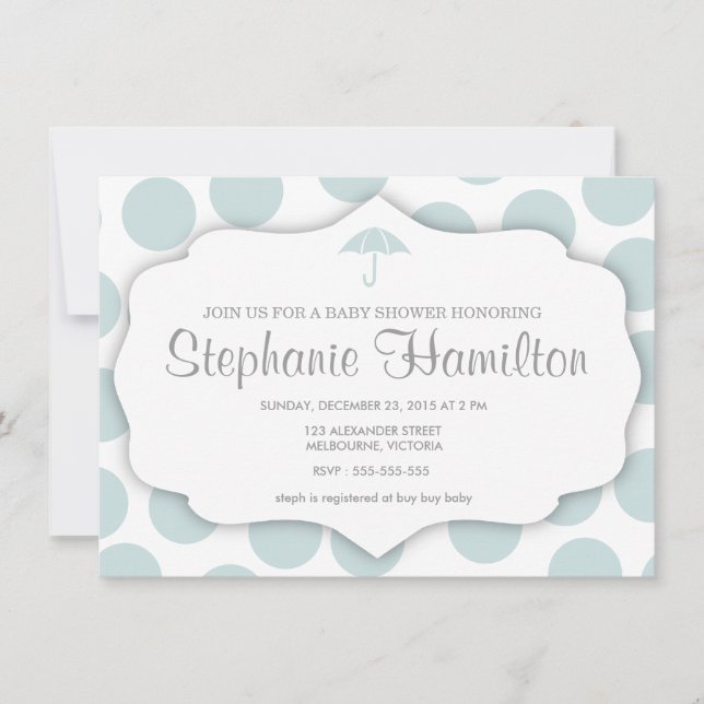 Pojke dusch polka dots paraplya ram blue inbjudningar (Framsida)