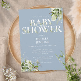 Pojke Dusty Blue Greenery Blad Baby Shower Inbjudningar