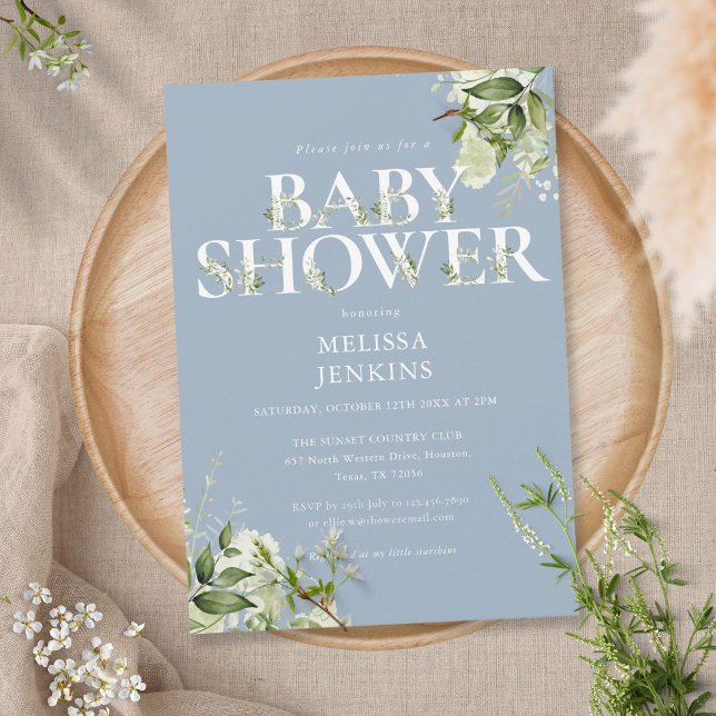 Pojke Dusty Blue Greenery Blad Baby Shower Inbjudningar (Skapare uppladdad)