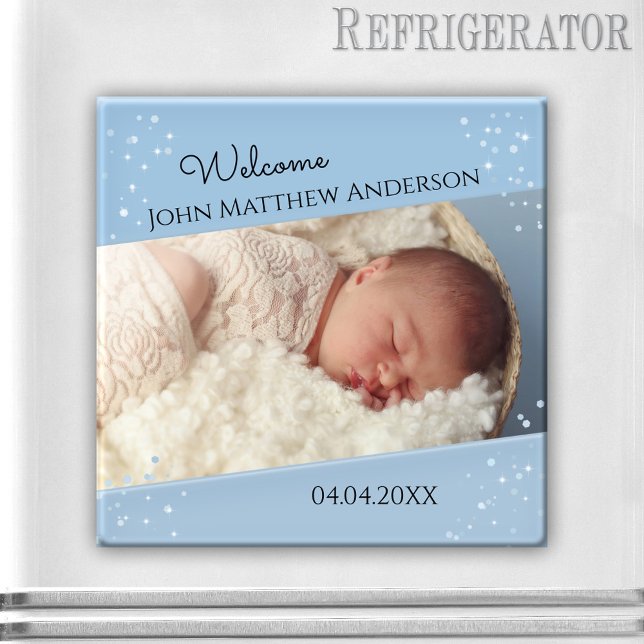 Pojke Dusty Blue Sparkling Photo Magnet (Elegant photo frame magnet featuring your own baby photo framed by a dusty blue sparkly design)