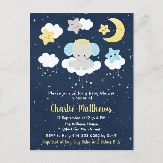 Pojke Elefant Baby Shower Blå och Marinblå Vykort (Framsida)