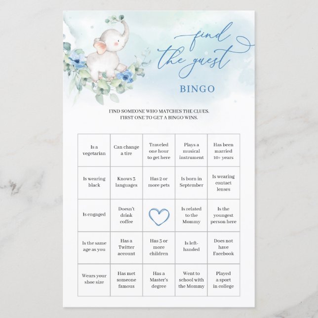 Pojke Elefant Eukalyptus Hitta Gäst Bingo spel (Framsida)