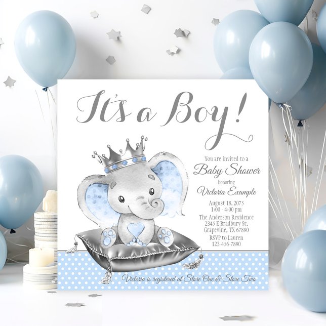 Pojke Elefant Prins Baby Shower Inbjudningar (Adorable baby boy elephant prince baby shower invitation. Simply add your event details.)