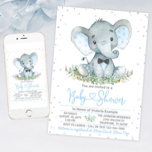 Pojke Elefant Slipskö Glitter Baby Shower Inbjudan