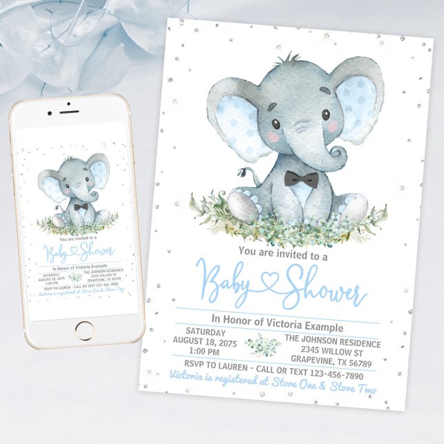 Pojke Elefant Slipskö Glitter Baby Shower Inbjudan (Boy elephant baby shower invitation with cute baby elephant. For instant download and print.)