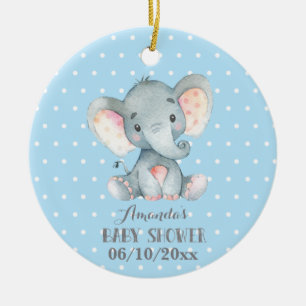 Pojke Elephant Baby Shower Blue och Grått Julgransprydnad Keramik