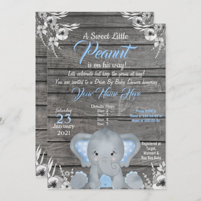 Pojke Elephant Baby Shower-inbjudan blå Rustic Inbjudningar (Fram/baksida)