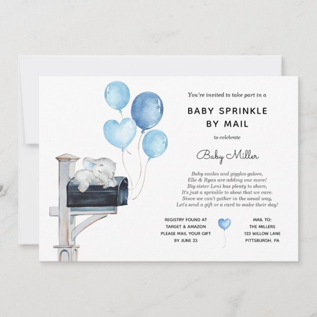 Pojke Elephant Baby Sprinkle by Mail Inbjudningar (Framsida)