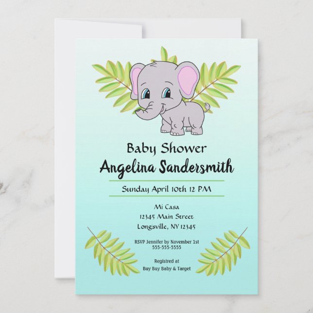 Pojke Elephant Blue Ombre Cute Baby Shower Inbjudningar (Framsida)
