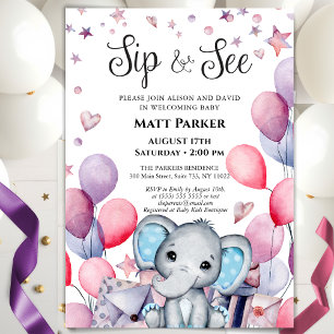 Pojke Elephant Festive Blue Balloon SIP OCH SEE Inbjudningar