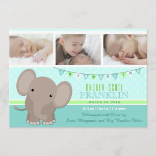 Pojke Elephant Photo Birth Notice Meddelande