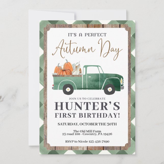 Pojke Fall Birthday bjudande, FALL First Birthday Meddelande (Framsida)