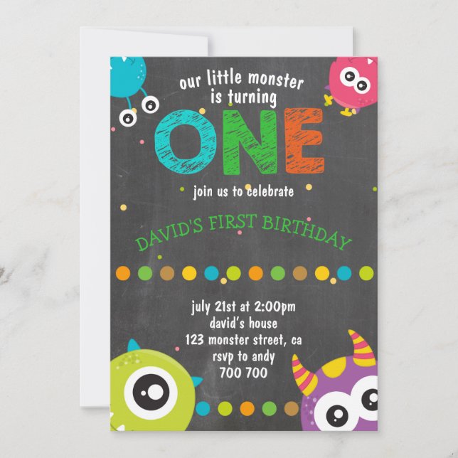 Pojke First Birthday Chalkboard Monsters Cute Inbjudningar (Framsida)